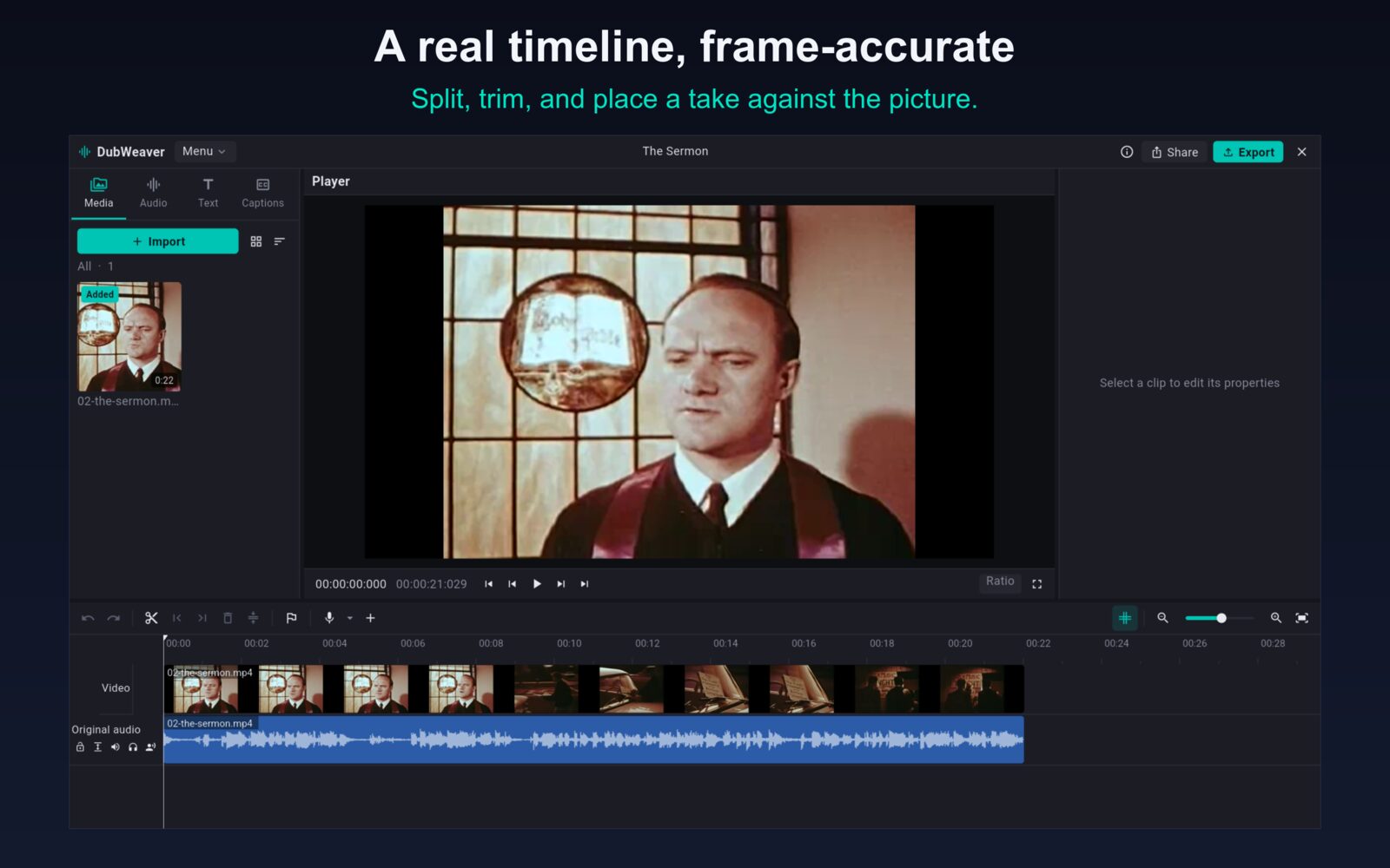 A frame-accurate timeline: split, trim, and place a take against the picture.